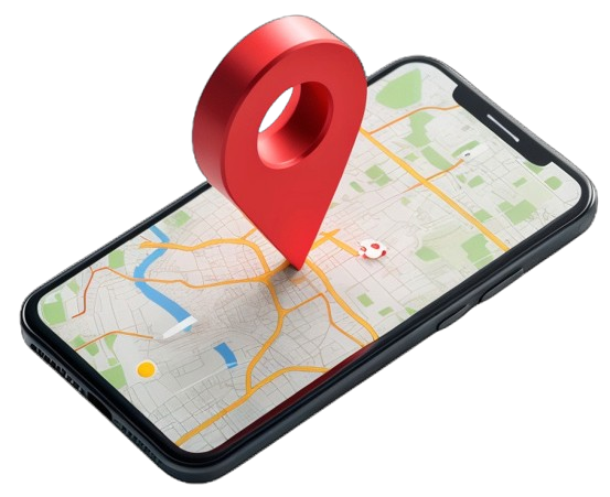 Imagem de celular indicando um ponto vermelho 3d no mapa